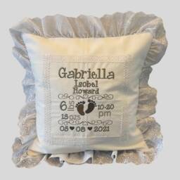 Embroidered Personalised Cushion For New Baby's With Name & Birth Details. Beautiful Keepsake Baby Gift - thumbnail 2