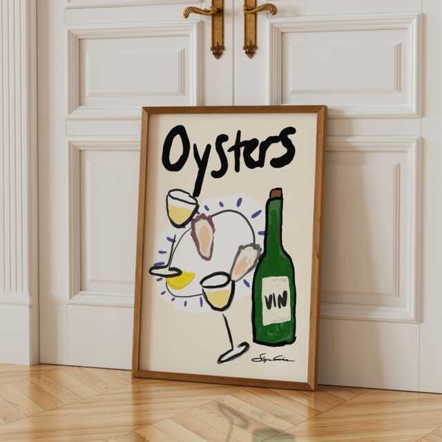 Oysters & Wine Wall Art, Coastal Kitchen Prints, Minimalistic Bar Cart Art, Beach House Decor, Cook Artwork - image 1