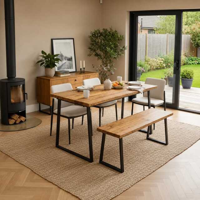 Handmade Reclaimed Wood Dining Table Bench Set - Uk-Made Steel Trapezium Legs Rustic Industrial Furniture - image 1