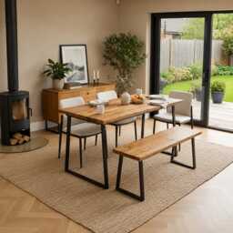 Handmade Reclaimed Wood Dining Table Bench Set - Uk-Made Steel Trapezium Legs Rustic Industrial Furniture - thumbnail 1