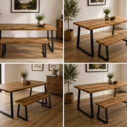 Handmade Reclaimed Wood Dining Table Bench Set - Uk-Made Steel Trapezium Legs Rustic Industrial Furniture - thumbnail 4