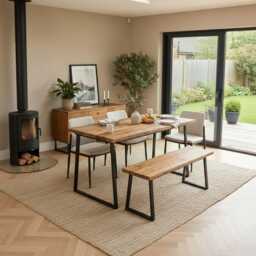 Handmade Reclaimed Wood Dining Table Bench Set - Uk-Made Steel Trapezium Legs Rustic Industrial Furniture - thumbnail 2
