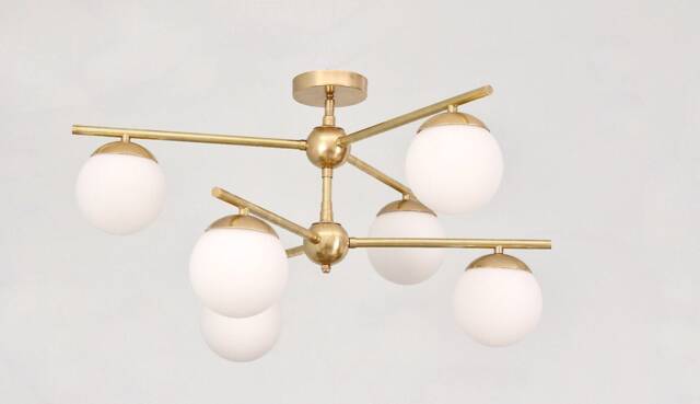 Handmade Brass Chandelier, 6 Light Glass Globe Pendant, Mid Century Modern - image 1