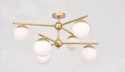 Handmade Brass Chandelier, 6 Light Glass Globe Pendant, Mid Century Modern