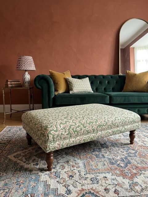Handmade Botanical Ottoman Footstool Ian Sanderson Big Dulcie Sweet Pea Abstract Coral Fabric With Turned Wooden Legs - image 1