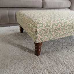 Handmade Botanical Ottoman Footstool Ian Sanderson Big Dulcie Sweet Pea Abstract Coral Fabric With Turned Wooden Legs - thumbnail 3