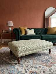 Handmade Botanical Ottoman Footstool Ian Sanderson Big Dulcie Sweet Pea Abstract Coral Fabric With Turned Wooden Legs