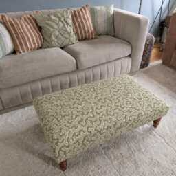 Handmade Botanical Ottoman Footstool Ian Sanderson Big Dulcie Sweet Pea Abstract Coral Fabric With Turned Wooden Legs - thumbnail 2