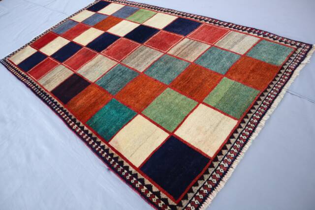 4x7 Checkered Gabbeh Rug, Afghan Hand Knotted Veg Dyes Wool Area Turkmen Oriental Multicolor Boho Bedroom Rug For Living Room - image 1