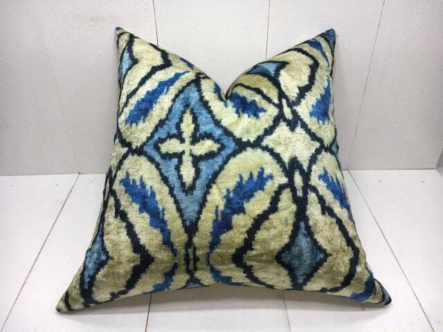 Ikat Velvet Pillow Cover 20x20, Hand Dyed Silk Cushion - image 1
