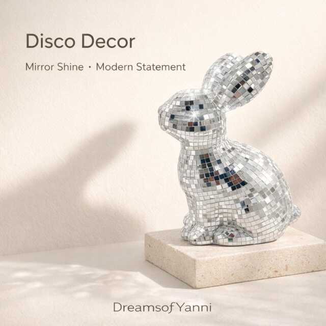 Disco Bunny Decor - Mirror Mosaic Rabbit Sculpture Sparkly Silver Home Accent Modern Shelf - image 1