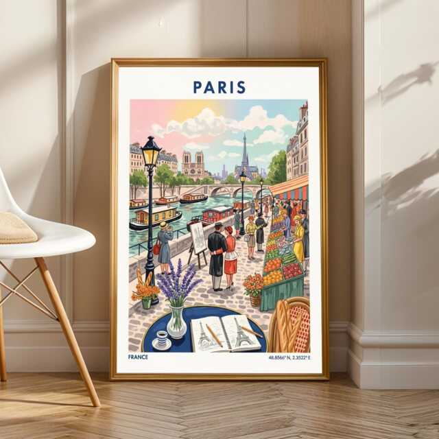 Paris Riverside Market Vintage Travel Poster Eiffel Tower Art - image 1