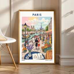 Paris Riverside Market Vintage Travel Poster Eiffel Tower Art - thumbnail 1