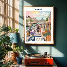Paris Riverside Market Vintage Travel Poster Eiffel Tower Art - thumbnail 2