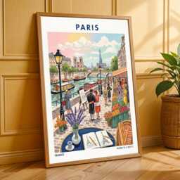 Paris Riverside Market Vintage Travel Poster Eiffel Tower Art - thumbnail 3
