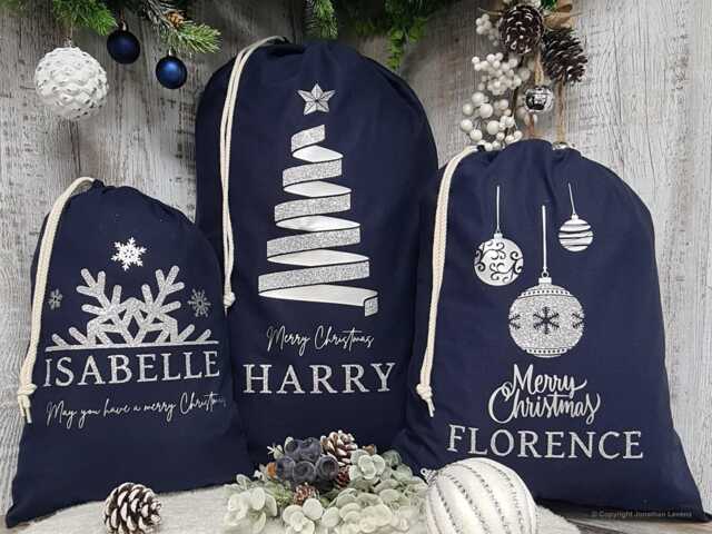 Personalised Santa Sack in Navy Silver, Custom Christmas Eve Bag, Blue Xmas Stocking, Decoration, Tree Baubles Snowflake, Gift Bag - image 1