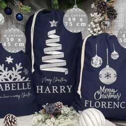 Personalised Santa Sack in Navy Silver, Custom Christmas Eve Bag, Blue Xmas Stocking, Decoration, Tree Baubles Snowflake, Gift Bag - thumbnail 2