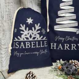 Personalised Santa Sack in Navy Silver, Custom Christmas Eve Bag, Blue Xmas Stocking, Decoration, Tree Baubles Snowflake, Gift Bag - thumbnail 3