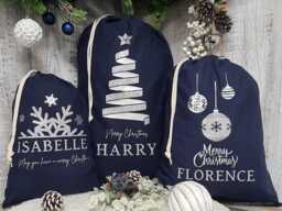 Personalised Santa Sack in Navy Silver, Custom Christmas Eve Bag, Blue Xmas Stocking, Decoration, Tree Baubles Snowflake, Gift Bag - thumbnail 1