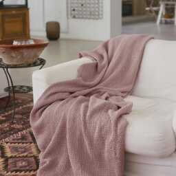 Woodrose Waffle Linen Throw - Blush Pink Couch Blanket Soft Textured Sofa Cover Cozy Stonewashed Bed Layer Romantic Home Decor Accent - thumbnail 2