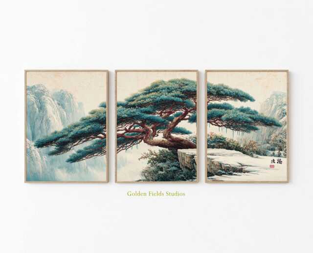 Chinese Mountain Landscape Print Set Zen Ink Painting, Oriental Wall Art - image 1