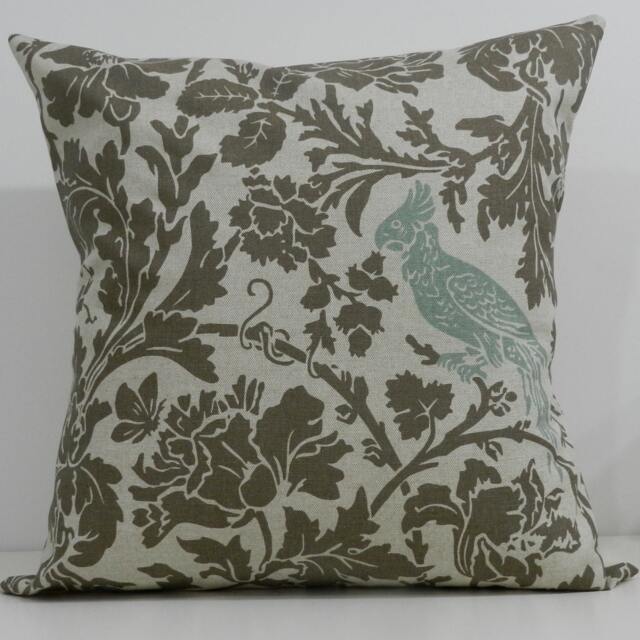 New Designer Handmade Pillow Case. Warm Grey Floral, Blue Bird On Linen Color Background