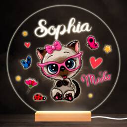 Cute Kitten Pink Glasses Colourful Round Personalised Gift Led Lamp Night Light - Bedroom