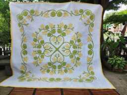 Ulu Breadfruit Hawaiian Quilt, Custom Queen - Cal King Bedding, Museum Quality Tropical Applique Bedspread, Artisan Hand Quilted Textile Art - thumbnail 1