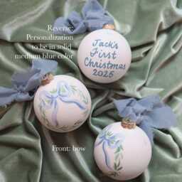 Hand-Painted Ornament, Blue Bow Wreath, Baby Boy First Christmas 2025, Custom Personalized Gift - thumbnail 2