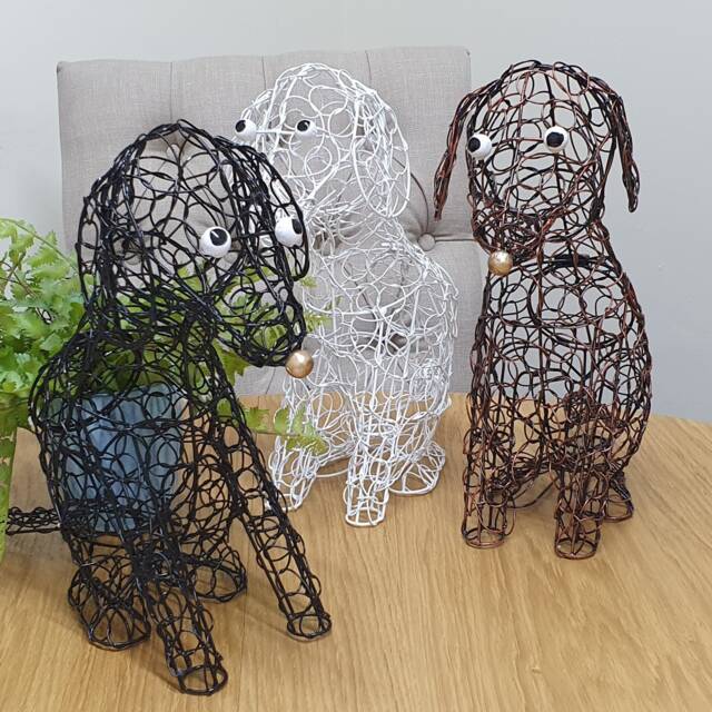 Handmade Wire Sitting Dog - Egg Basket, Ornament, Sculpture, Brown, White Or Black Statue - image 1