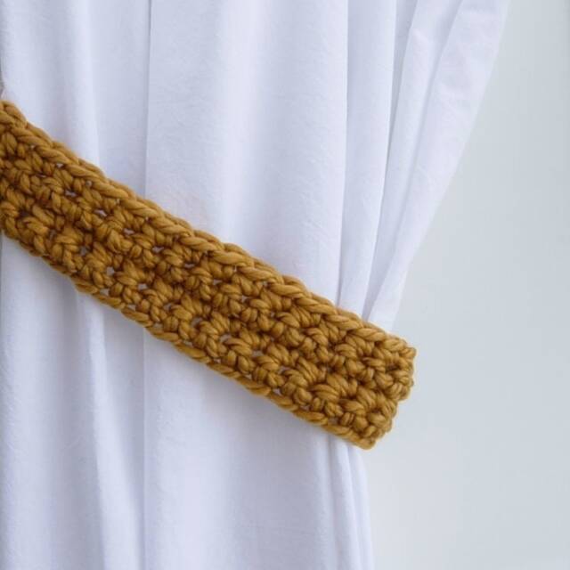 One Pair Of Gold Curtain Tie Backs, Solid Yellow, Mustard Drapery Tiebacks, Wool Blend, Basic, Simple, Crochet Knit, Ships in 5 Biz Days - image 1