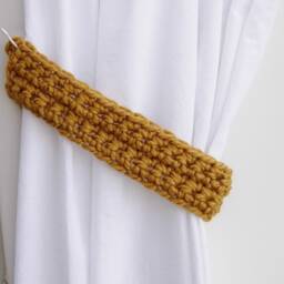 One Pair Of Gold Curtain Tie Backs, Solid Yellow, Mustard Drapery Tiebacks, Wool Blend, Basic, Simple, Crochet Knit, Ships in 5 Biz Days - thumbnail 2