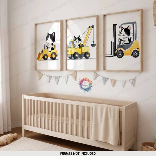 Tuxedo Cat Construction Posters - Set Of 3 Kids Prints - Digger Wall Art Truck Poster Bedroom Vehicle Nursery Transport Decor - image 1