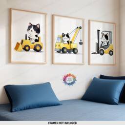 Tuxedo Cat Construction Posters - Set Of 3 Kids Prints - Digger Wall Art Truck Poster Bedroom Vehicle Nursery Transport Decor - thumbnail 2