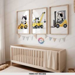 Tuxedo Cat Construction Posters - Set Of 3 Kids Prints - Digger Wall Art Truck Poster Bedroom Vehicle Nursery Transport Decor - thumbnail 1