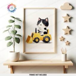 Tuxedo Cat Construction Posters - Set Of 3 Kids Prints - Digger Wall Art Truck Poster Bedroom Vehicle Nursery Transport Decor - thumbnail 3