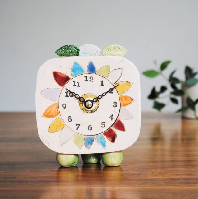 Small Handmade Analogue Clock With Daisy & Colorful Petals. Unusual, Unique Ceramic Gift. Small, Quirky Mantelpiece For Any Room - image 1