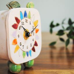 Small Handmade Analogue Clock With Daisy & Colorful Petals. Unusual, Unique Ceramic Gift. Small, Quirky Mantelpiece For Any Room - thumbnail 3
