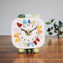 Small Handmade Analogue Clock With Daisy & Colorful Petals. Unusual, Unique Ceramic Gift. Small, Quirky Mantelpiece For Any Room