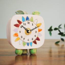 Small Handmade Analogue Clock With Daisy & Colorful Petals. Unusual, Unique Ceramic Gift. Small, Quirky Mantelpiece For Any Room - thumbnail 2