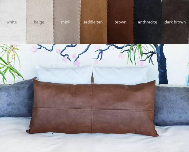 Brown Vegan Leather Pillow Cover Piecewise Design, Decorative Stitch - image 1