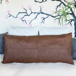 Brown Vegan Leather Pillow Cover Piecewise Design, Decorative Stitch - thumbnail 3