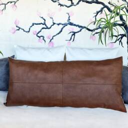 Brown Vegan Leather Pillow Cover Piecewise Design, Decorative Stitch - thumbnail 2