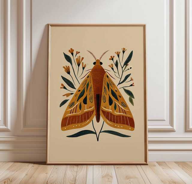Boho Moth Wall Art Print Botanical Insect Poster Modern Nature Decor Rustic Neutral Illustration Unframed Minimalist Artwork - image 1