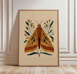 Boho Moth Wall Art Print Botanical Insect Poster Modern Nature Decor Rustic Neutral Illustration Unframed Minimalist Artwork - thumbnail 1