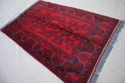 3x5 Red Vintage Afghan Rug - Handmade Wool Tribal Turkmen Bukhara Design Oriental Khal Mohammedi Office, Kitchen, Bedroom - thumbnail 1