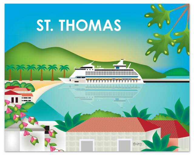 St. Thomas Skyline Print, Wall Art, Travel Us Virgin Island, Caribbean - Style E8-O-St-Thom - image 1