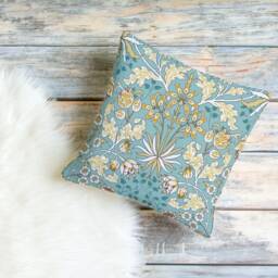William Morris Pillow Cover - Soft Faux Suede Fabric Golden Blue Flower Design Pattern Pretty Pastel Floral Cushion Decor - thumbnail 2