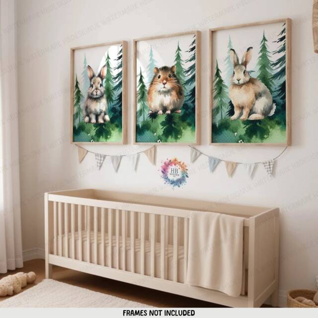 Woodland Nursery Prints - Set Of 3 Animal Posters - Rabbit, Hare, Vole Green Forest Bedroom Decor Outdoor Playroom Wall Art Boys Girls - image 1