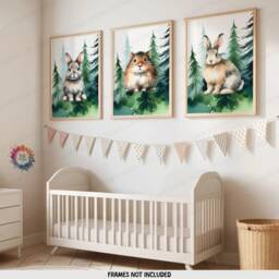 Woodland Nursery Prints - Set Of 3 Animal Posters - Rabbit, Hare, Vole Green Forest Bedroom Decor Outdoor Playroom Wall Art Boys Girls - thumbnail 2